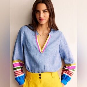 Boden Linen Long Sleeve Blouse‎ Top Colorful Cuff Detail